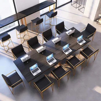 

Simple solid wood conference table studio staff training desk long iron office computer desk black and white two colors