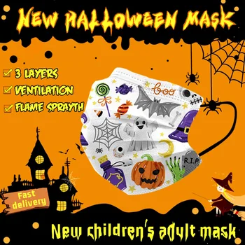 

New Children Disposable Face Mask Nonwoven 3 Layer Filter Mask Printed Halloween Pumpkin Ghost Bat Party Kids Adult Mouth Masks