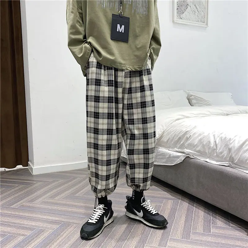 

Summer Plaid Pants Men's Fashion Retro Thin Casual Pants Men Streetwear Wild Loose Hip Hop Straight Trousers Mens S-3XL