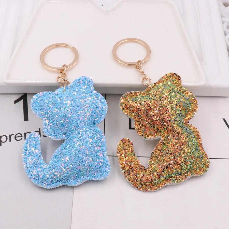 

30Pcs/lot Glitter PU Leather Kitten Key Ring Leather Radded Cotton Key Chains Bag Car Ornament Promotion Gifts Kids Toys
