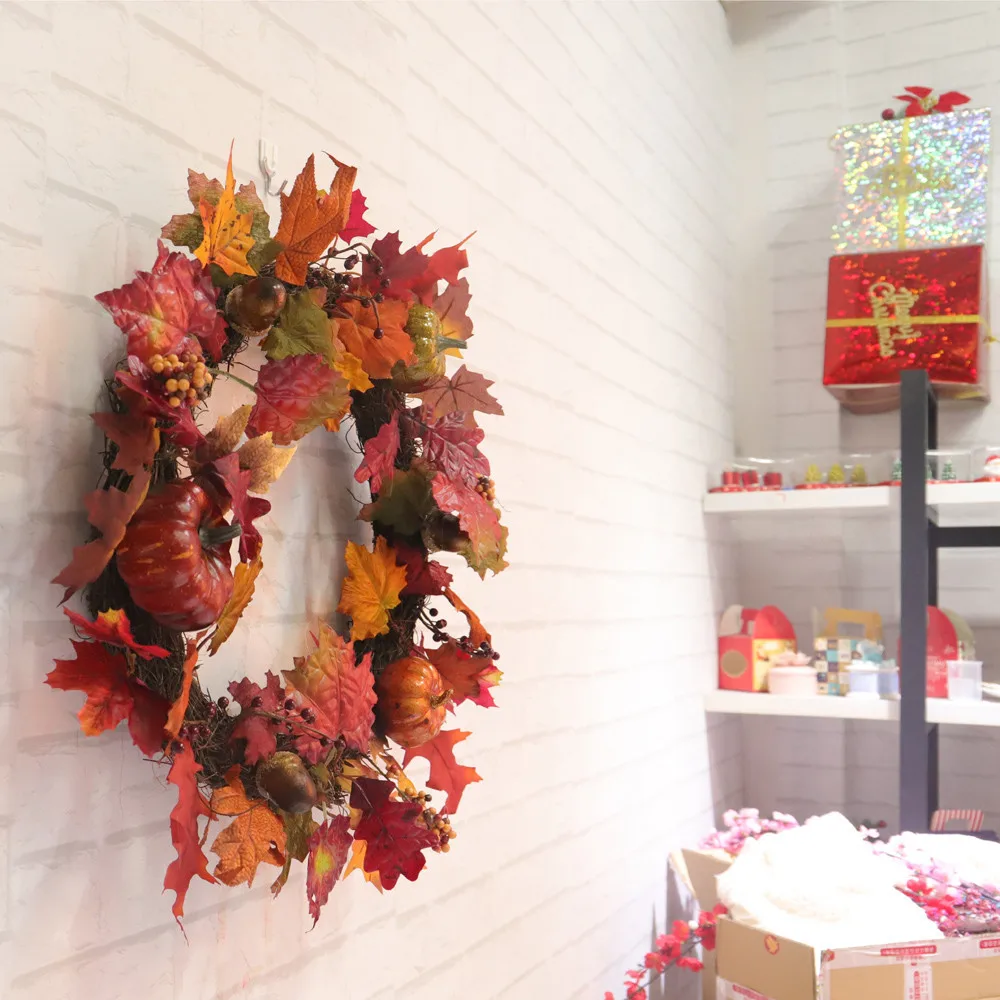 45/50cm Rattan Pumpkin Maple Leaf Detachable Home Decor Natural Rattan Wreath Christmas Crafts Christmas Decoration Wreath A16