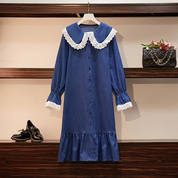 

Plus Size Loose Denim Blue Preppy Style Mermaid Lace Single Breasted Peter Pan Collar Patchwork Woman's Clothes Autumn 2019