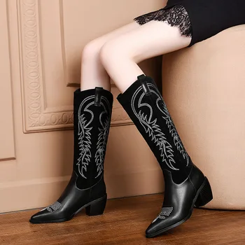 

Phoentin Western Cowboy Boots for Women pointed toe shoes knee high heels 2020 embroidered Suede Leather Wedges Boot FT816