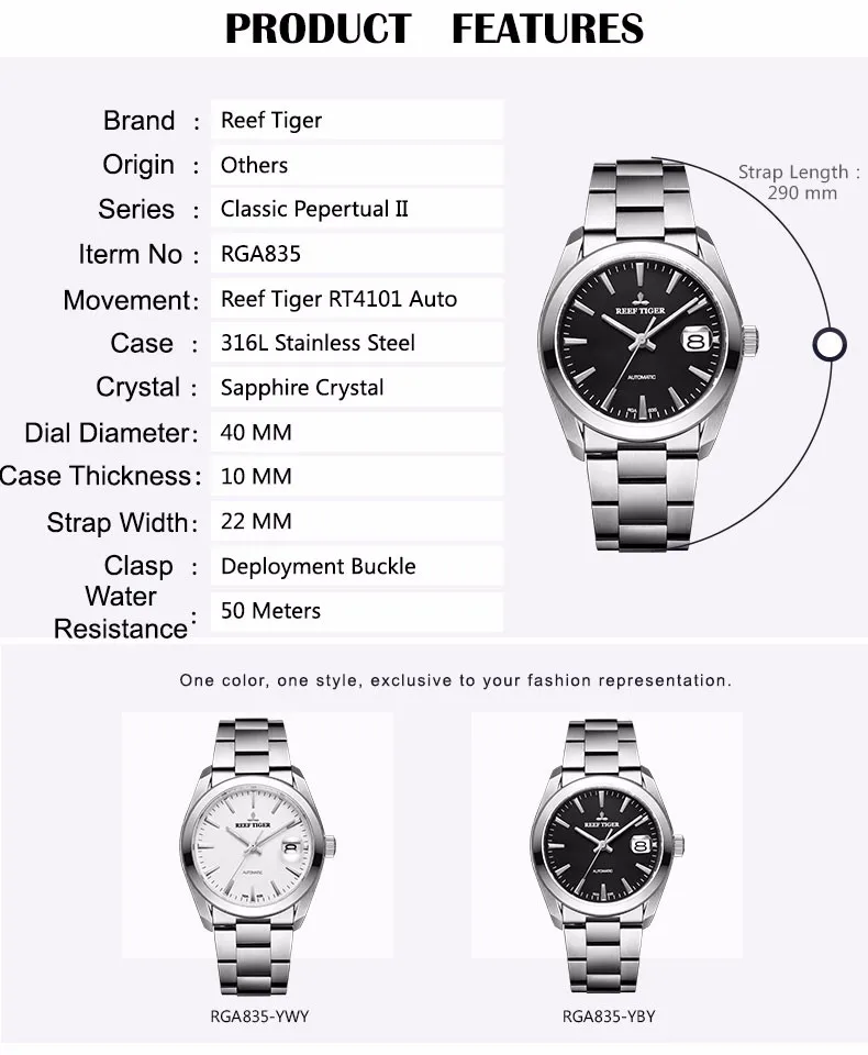 Риф Тигр мужские нарядные часы из нержавеющей стали сапфировое стекло вечный календарь серебро Rolexable автоматические водонепроницаемые часы