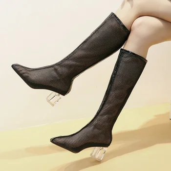 

2020 new summer women sexy high heels Knee High Boots black white Mesh cloth Crystal heel shoes woman summer boots big size 43