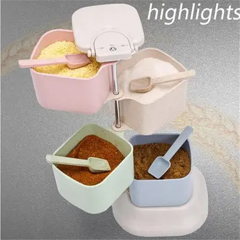 

Wheat Straw Seasoning Box Four Grid 360 Degree Rotary Vertical With Spoon Kitchen Stackable Food Container Spice Jar