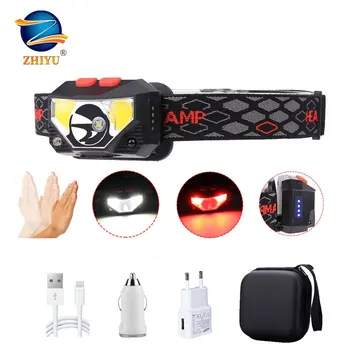 

ZHIYU Portable T6 XPE COB Headlamps LED High Power Lamps USB Rechargeable Head Flashlight White Red Light Sensor Head Light New
