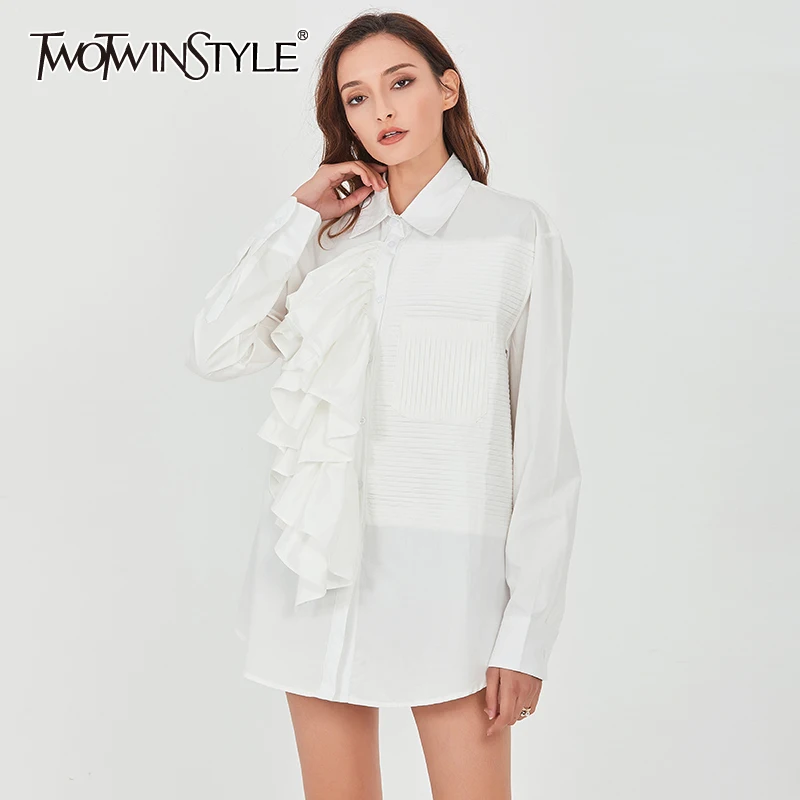 

TWOTWINSTYLE Patchwork Ruched Ruffle Shirt For Women Lapel Long Sleeve Large Size White Blouse Female 2020 Fall Fashion New Tide