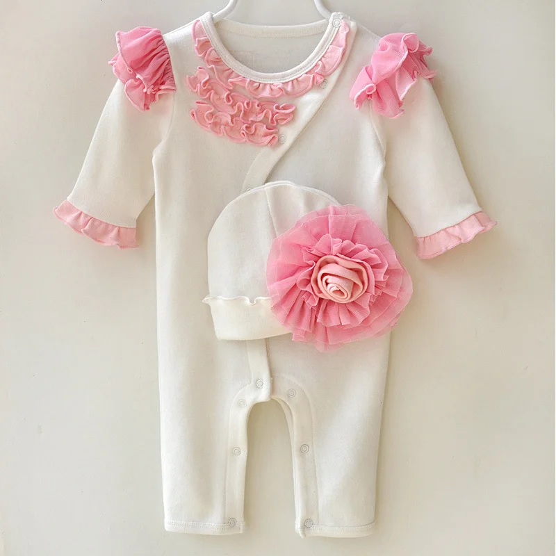 Одежда принцессы для маленьких девочек; кружевной комбинезон с длинными рукавами и шапка; Милый хлопковый для новорожденных; комбинезоны; верхняя одежда - Цвет: White