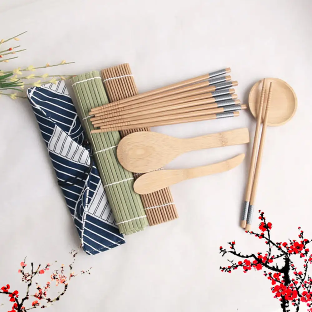 11pcs/set Sushi Roller Bamboo Mat Spoon Chopsticks Maker Food Rolling Tool Sushi Tools Multi-Piece Sets