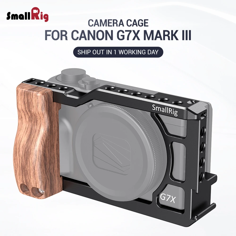 Клетка SmallRig для Canon G7X Mark III с деревянным захватом 1/4 резьбовыми отверстиями и башмаком для микрофона прикрепляется врубная установка 2422