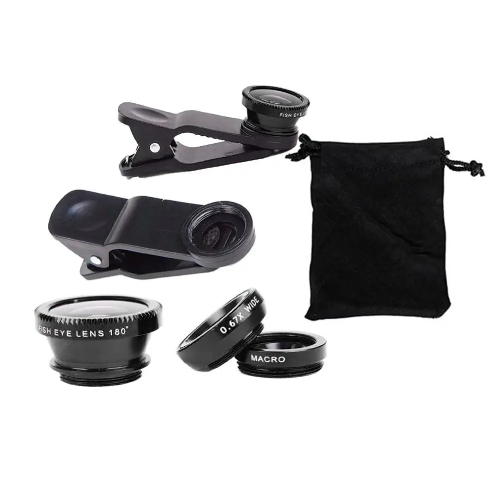 360 Degree Rotate Shark Tail Shaped Clip Photo Camera Lens Kits Universal 180 Degree Fish Lens 0.65X Wide Angle 10X Macro Lens mobile phone lens kit Lenses