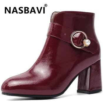 

NASBAVI New Brand Women's Ankle Boots Zipper Square Heels Platform Ladies Buckle Metal pearl decoration Women's Solid color boot
