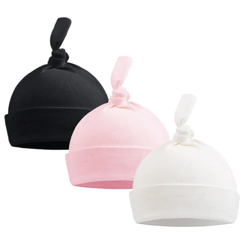 Хлопковая шапочка с бантиком для новорожденных, милая шапка для маленьких девочек, Весенняя мягкая детская шапочка для больницы, одноцветная шапка в полоску для маленьких мальчиков 0-6 месяцев - Цвет: Black Knot Set 3