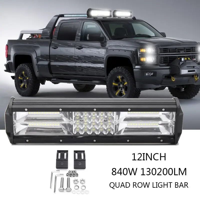 

12 Inch 840W LED Work Light Bar Flood Spot Combo Driving Lamp Waterproof LED Work Light For SUV ATV Offroad Truck Vehicle Car