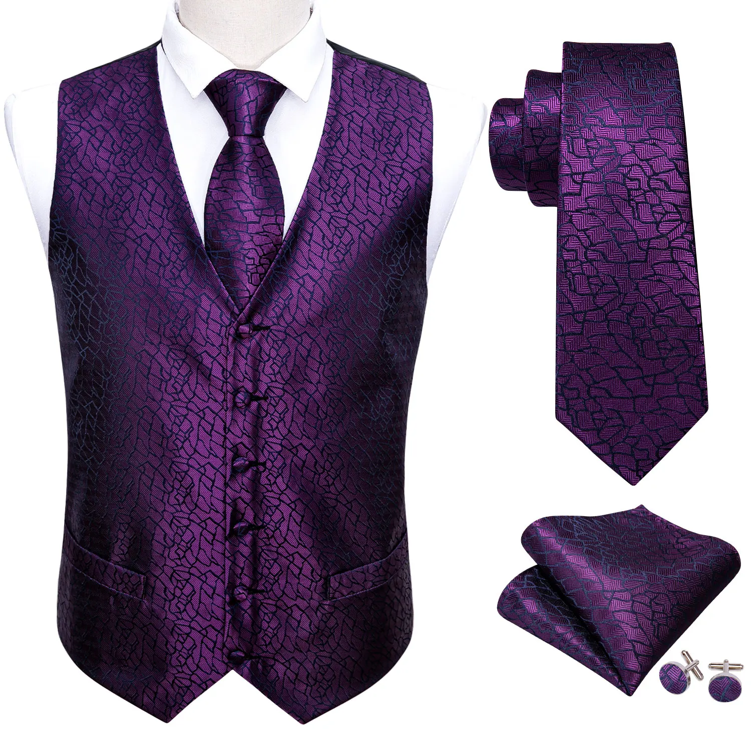 Purple Mens Luxury Brocade Novelty Floral Suit Vest Set Silk Tie