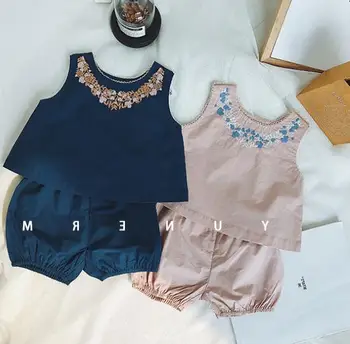 

2020 New Arrival Baby Girls 2pcs Embroidery Set T Shirt+Shorts Summer Kids Girls Suits 2-7 Years
