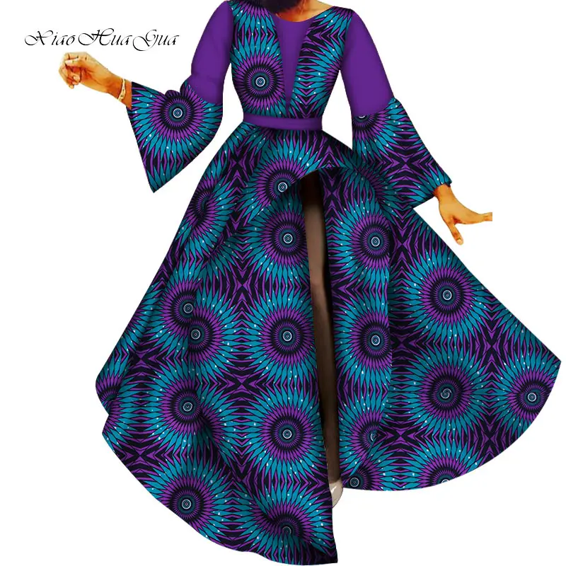 Fashion Patchwork Flare Sleeve Long Dress Bazin Riche African Print Dresses for Women Party Vestidos African Clothing WY5643