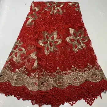 

RED African Lace Fabric 2019 French Cord Lace Fabric Embroidered Nigerian Tulle Lace Fabric With Stones For Wedding 5 YARDS/LOT