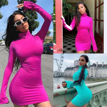 

2019 Autumn Women Dresses Sexy Long Sleeve Solid Color Dress Ladies Bodycon Slim Fit Mini Pencil Dresses