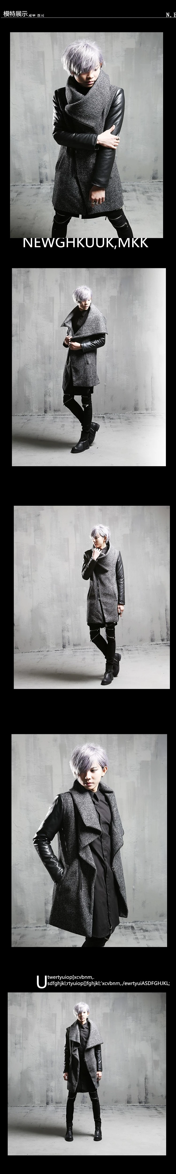 Winter men inclined zipper leather patchwork woolen trench coat long jacket men slim fit punk hip hop coat gothic warm jackets