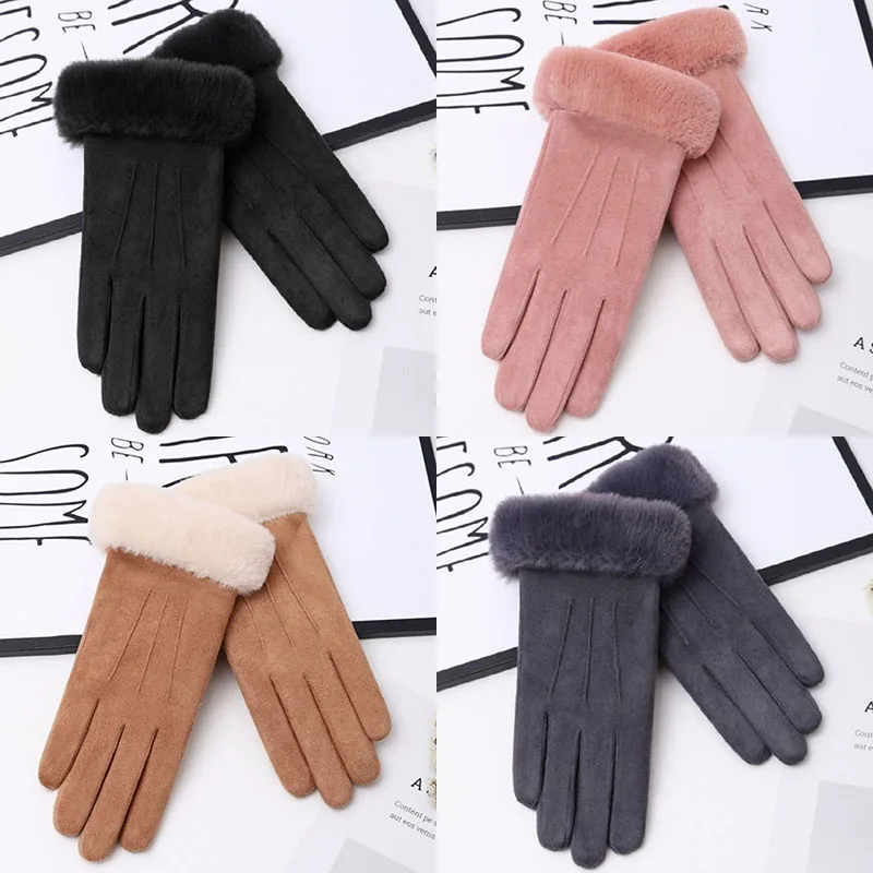 Elegant Gray Deerskin Velvet Driving Gloves Warm Full Fingers Outdoor Sport Cycling Female Winter Accessories for Women Mittens