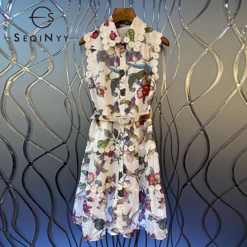 

SEQINYY Runway Dress 2020 Summer Spring New Fashion Design Women Sleeveless Lace Hollow out Embroidery Flowers Print Dress