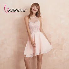VKBRIDAL сексуальные короткие платья на выпускной модные шифоновые аппликации из бисера розовые платья для выпускного вечера