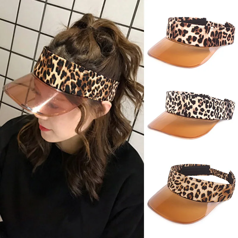 

Ladies Leopard Print Summer Sun Protection Sun Hat Outdoor Visor Plastic Empty Top Anti-UV Cap Outdoor Riding Vacation Y