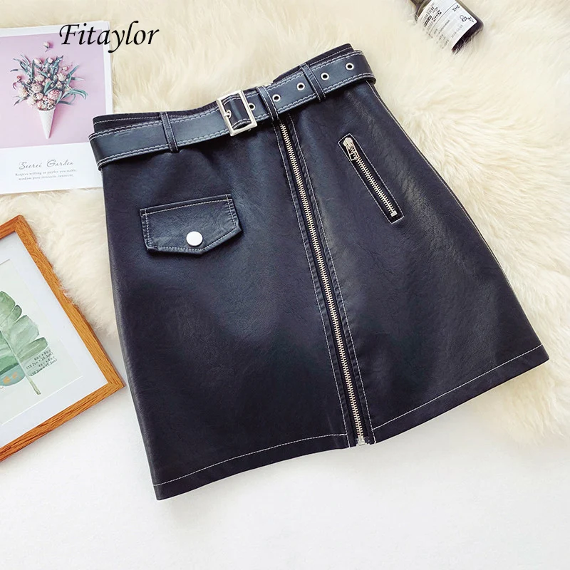Fitaylor новые осенние женские юбки из искусственной мягкой кожи Pu мотоциклетная черная мини-юбка в стиле панк на молнии с высокой талией трапециевидная юбка с поясом