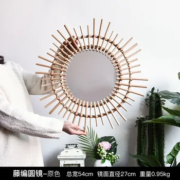 

Home Rattan Mirror Creative Sun Shape Art Mirror Living Room Wall Hanging Decorative Makeup Mirrors Room Rattan Wall Decor