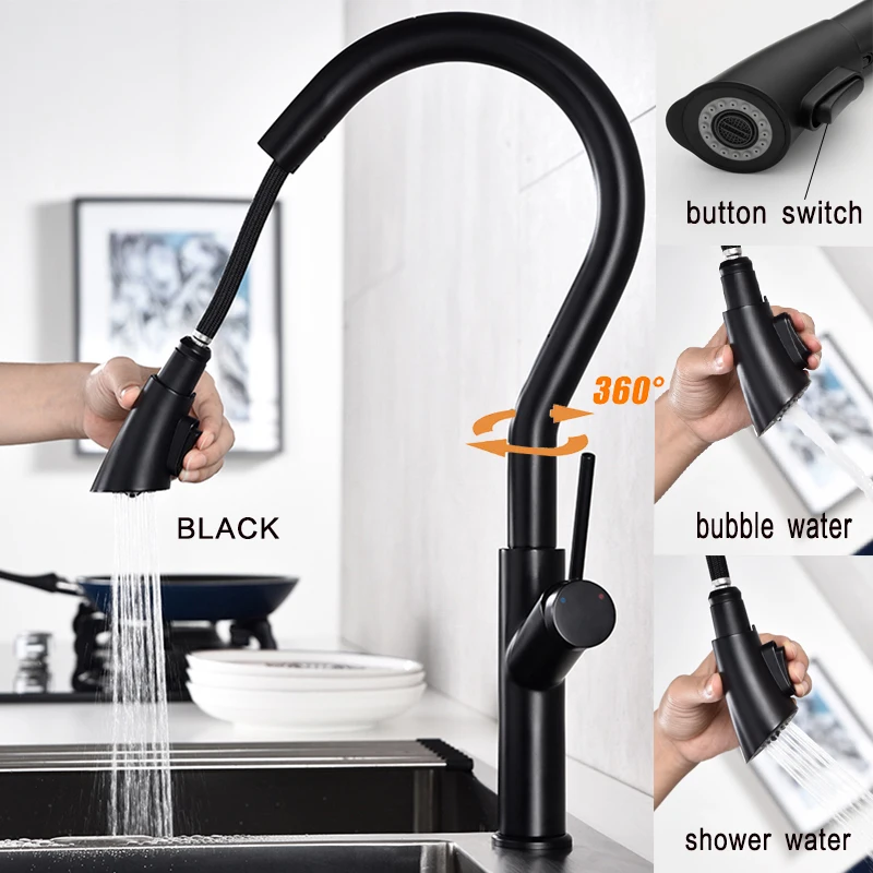 LANGYO черный кухонный кран с пружинным шлангом с двойным Изливом, хромированный выдвижной кран с одной ручкой, кухонная раковина, смеситель для кухни