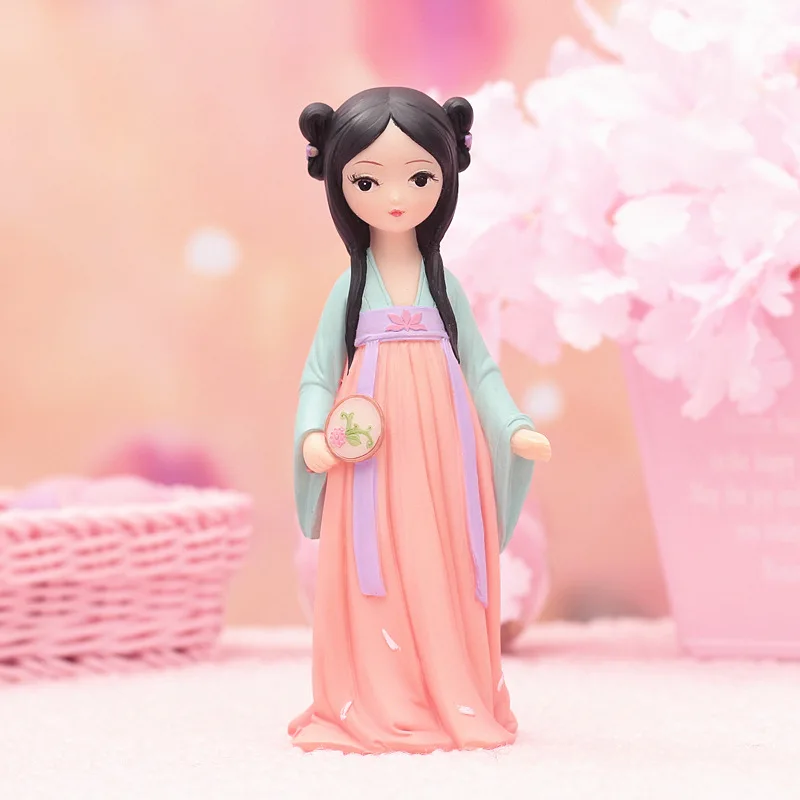 16 см кукла из смолы в китайском стиле, куклы для девочек HanFu, фигурки для девочек, игрушки для детей, украшения для дома и рабочего стола - Цвет: 2 fan girl