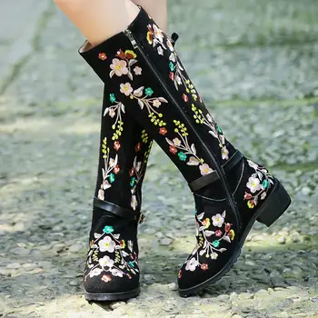 

Big size 46 Exquisite Flowers Embroidery Cow Suede Leather Riding Boot Top Quality Winter Shoes Women Knee High Boots