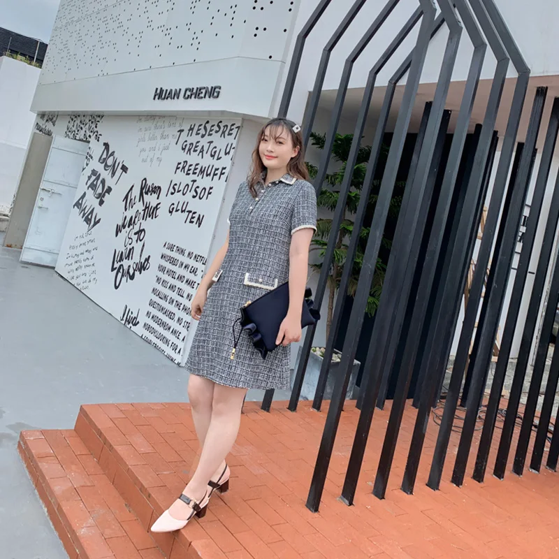 Toleen Elegant Women Dress Plus Size Dress Lace Shirt Collar Black And White Check Pocket Pearl Button Female Dress