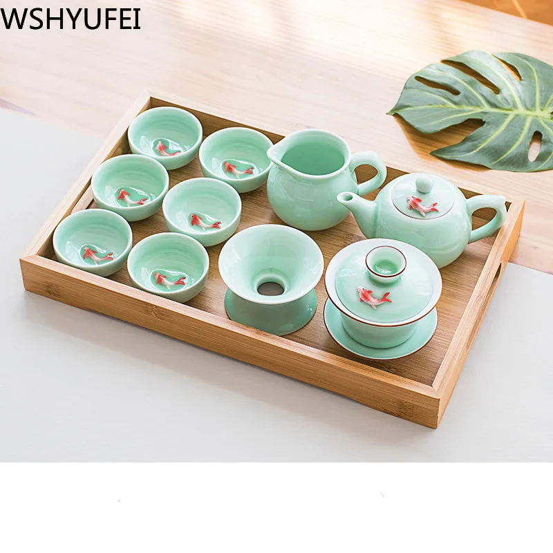 Стильный чайный набор Celadon с рыбками, пузатый чайник Kungfu, удобный для путешествий чайный набор, Офисная Бытовая Питьевая утварь WSHYUFEI