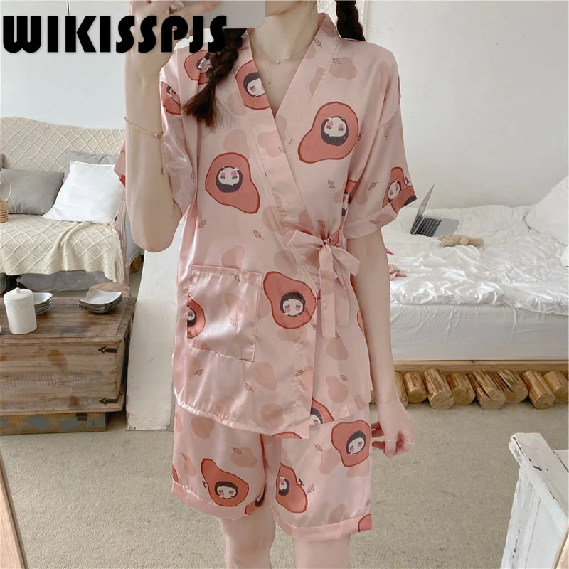 

WIKISSPJS 2021 Summer New Sweet Japanese Short Sleeve Kimono Pajamas Casual Cartoon Printed Home Clothes Pajamas for Women