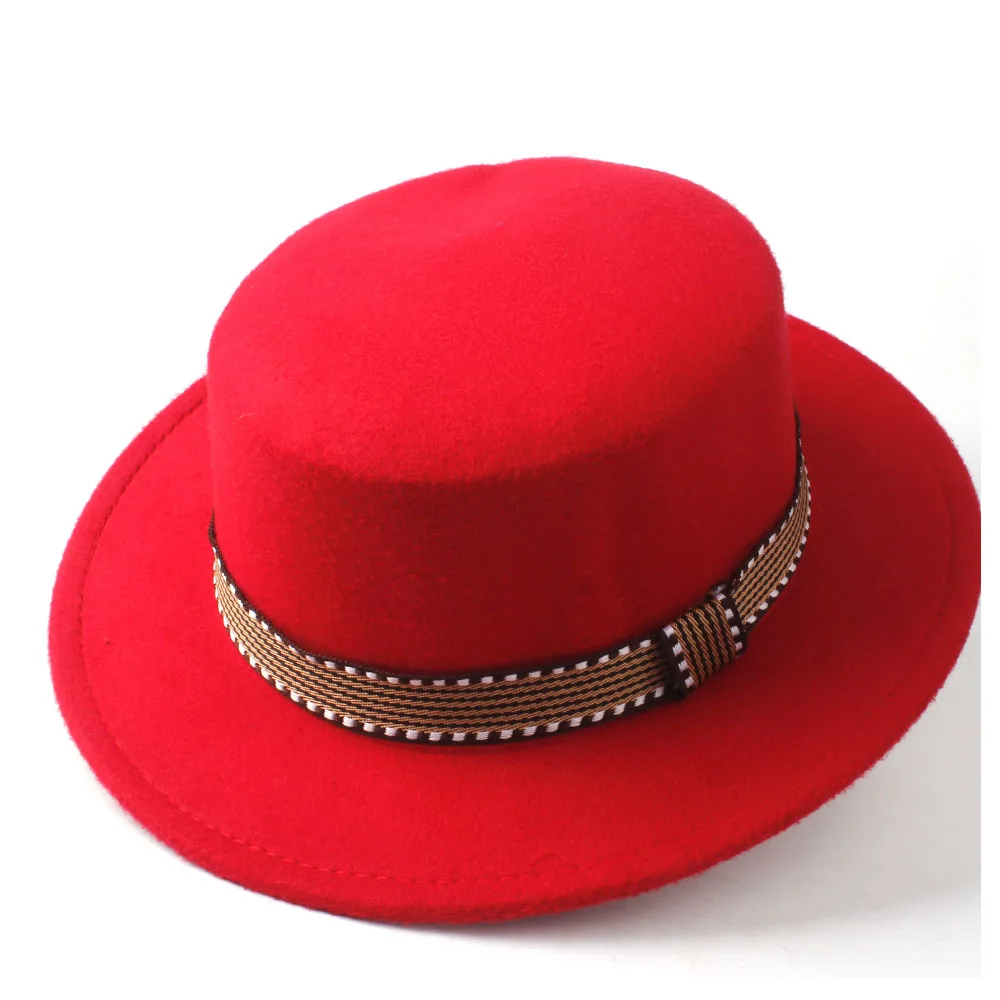 Новая мужская женская модная Плоская Шляпа Fedora с поясом шерсть мягкая фетровая шляпа-пирожок джазовая шляпа размер 56-58 см