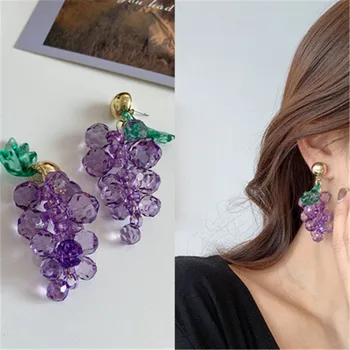 

Super fairy purple earrings creative fashion and personality tassel grape leaf earrings exaggerated temperament