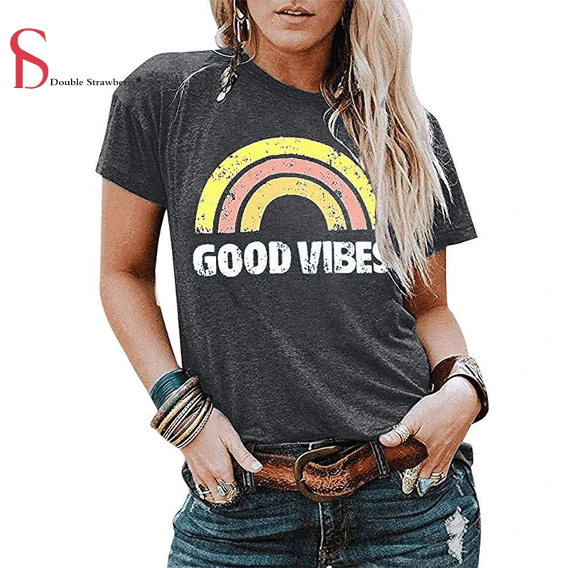 Женская футболка с коротким рукавом топ надписью Good Vibes короткими рукавами и
