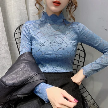 

Girls Lace Blouses Shirts Tees Female Hollow Out Turtleneck Full Sleeve Elegant Stretchy Undershirts Blouse Tops For Women