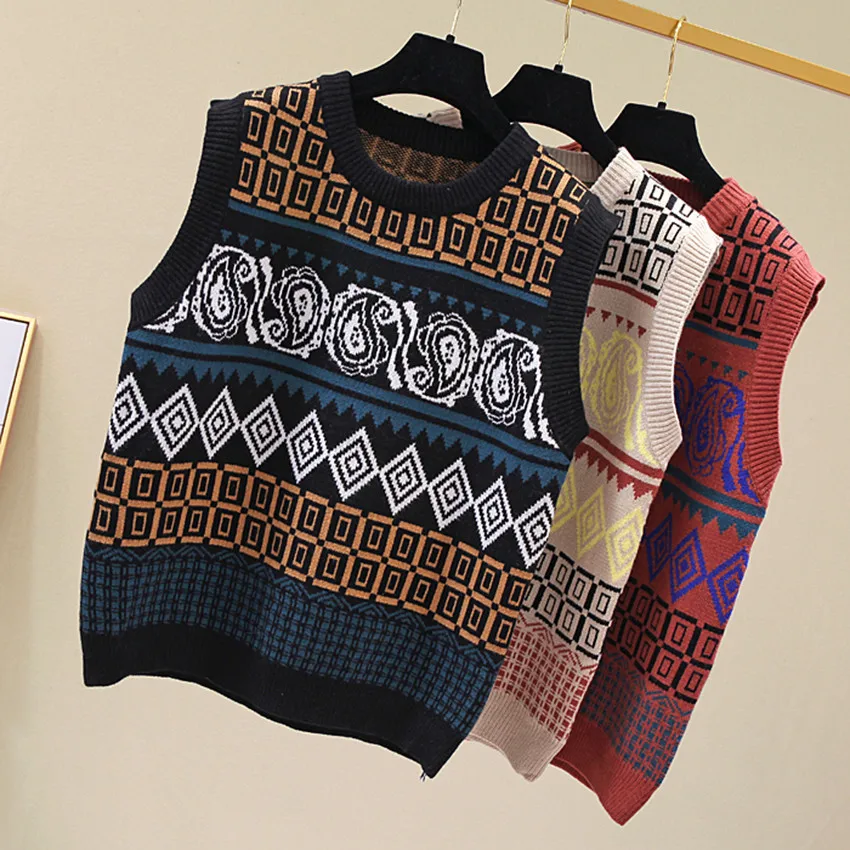 

2020 New Fashion Vintage Knitted Vest Sweater Women V Neck Sleeveless Casual Vest Female Waistcoat Outwear Autumn Pull Femme