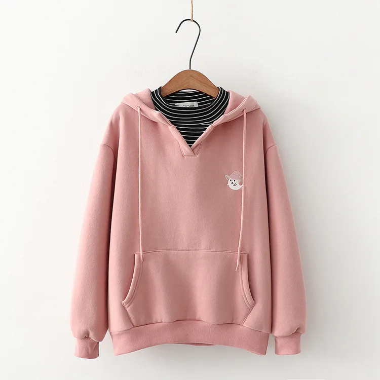 Розовый MERRY PRETTY женские толстовки с капюшоном мультфильм вышивка полосатый лоскутный толстовки зима плюс бархат пуловер Свободный спортивный костюм - Цвет: Розовый