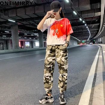 

Summer 2 Piece Set Women Casual Tops Trousers Outfits Chinese Pentagram Red Camouflage Pants Two Piece Suits Woman Clothes 2020
