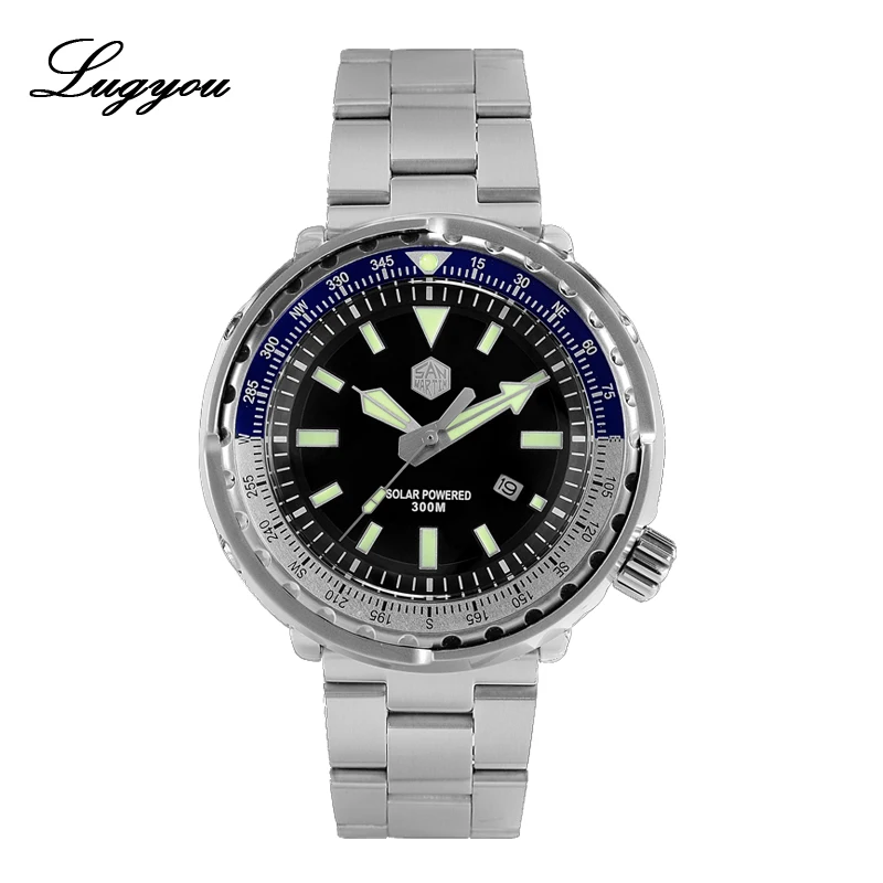 

Lugyou San Martin Tuna Men Diver Watch Stainless Steel 30ATM Solar Energy VS37 Date Display Metal Bracelet Domed Sapphire