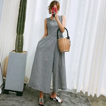

Plaid Cropped Casual Overalls Round Neck Sleeveless Vest Jumpsuits for Women Long Wide Leg Rompers