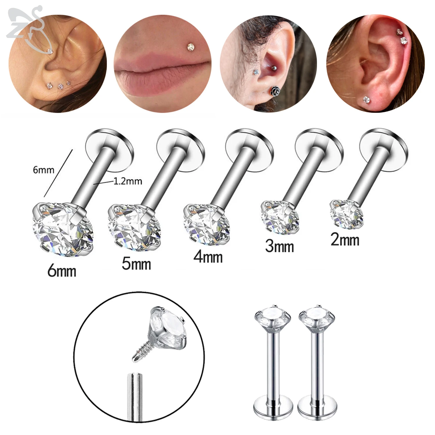 

ZS 1 Piece 2-6MM Round CZ Crystal Lip Ring 16g Stainless Steel Labret Monore Medusa Piercings Ear Tragus Helix Piercing Jewelry