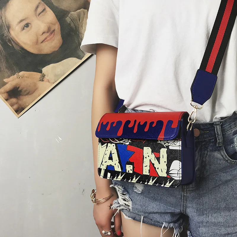 

2017 New Style Korean-style Spraying Printed Square Sling Bag Contrast Color Lettered Wide-Strap Oblique Bag Women's Shoulder Ba