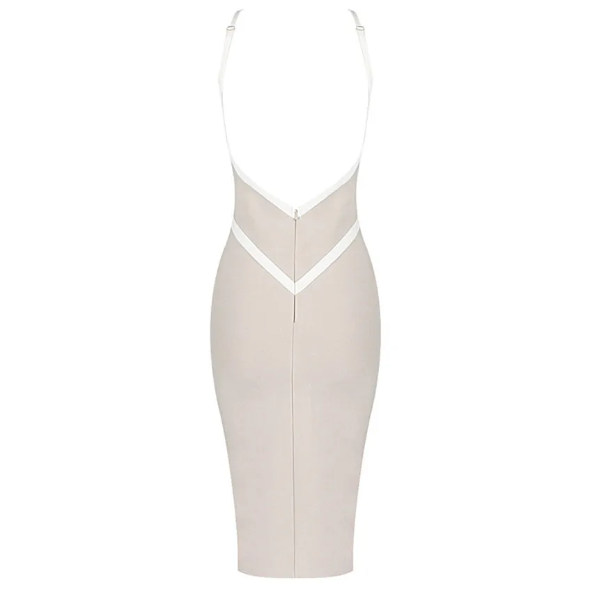 Bevenccel Vestidos женское платье Новое бежевое сексуальное облегающее платье на бретелях с v-образным вырезом элегантное вечернее платье с открытой спиной