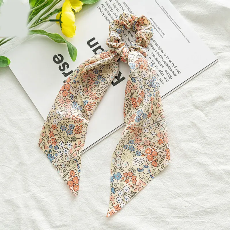 best headbands for women Korean Bow Long Ribbon Hair Scrunchie Chiffon Floral Print Sweet Elastic Hair Band Ponytail Hair Scarf Hair Tie Hair Accessories metal hair clips